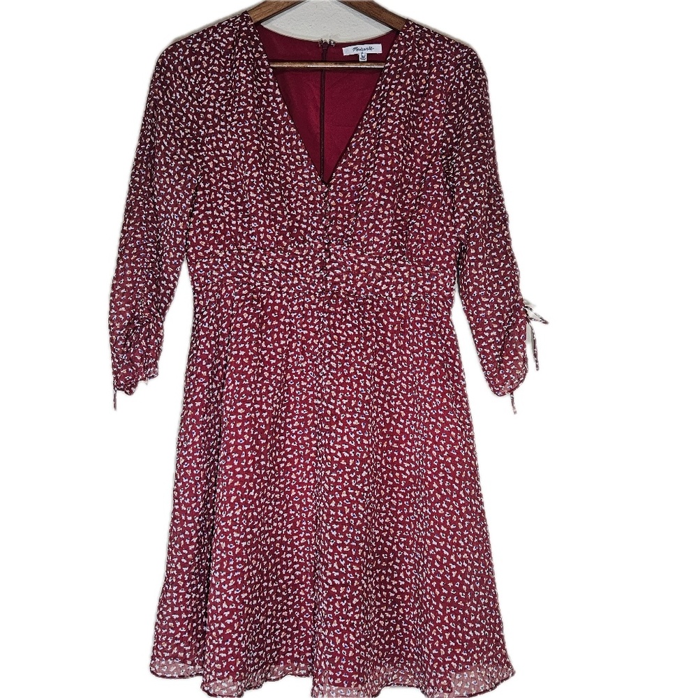 Madewell Dress Womens 4 Red Ditsy Floral V Neck 3/4 Sleeve Lined A-Line Tie Cuff